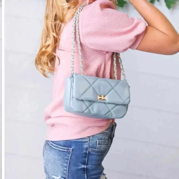 New Dusty Blue Rectangular Quilted Chain Strap Clasp Bag - Picture 3 of 8